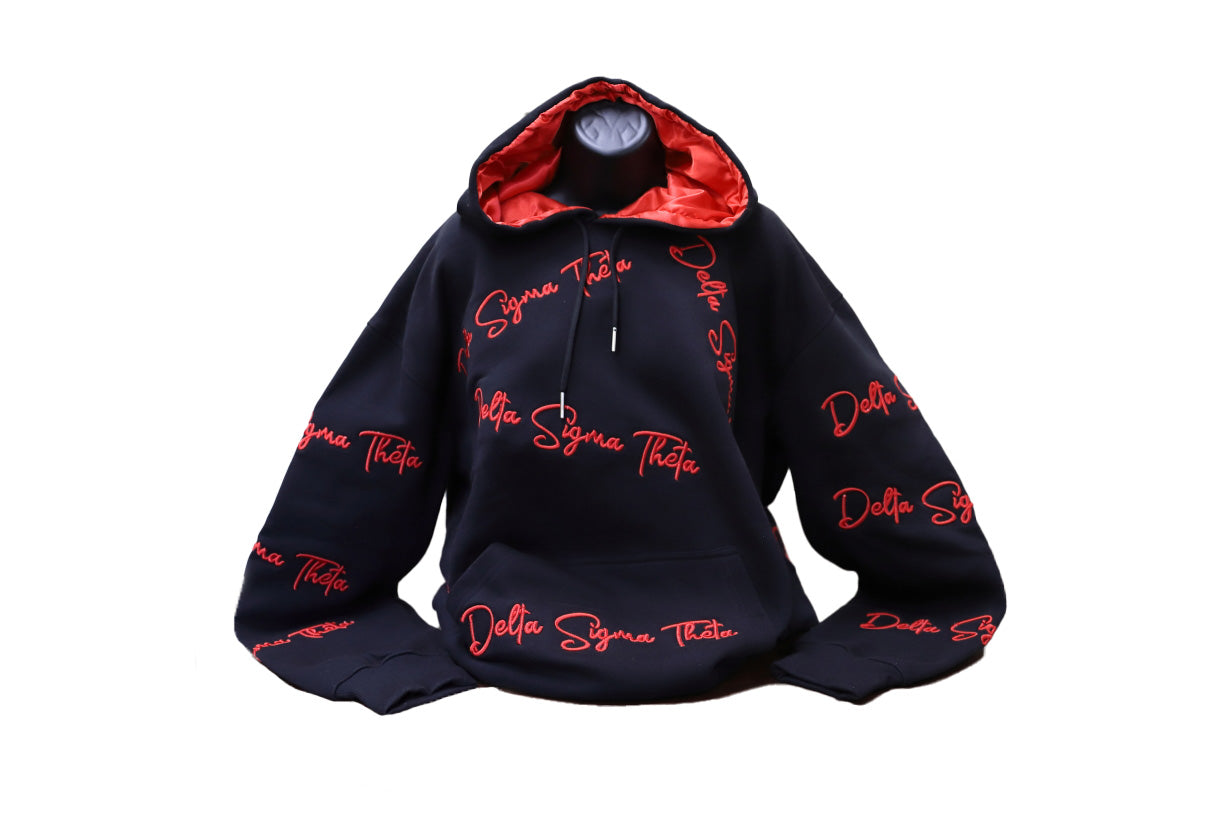 Delta Black 3D Embroidery Hoodie with Satin Bonnet