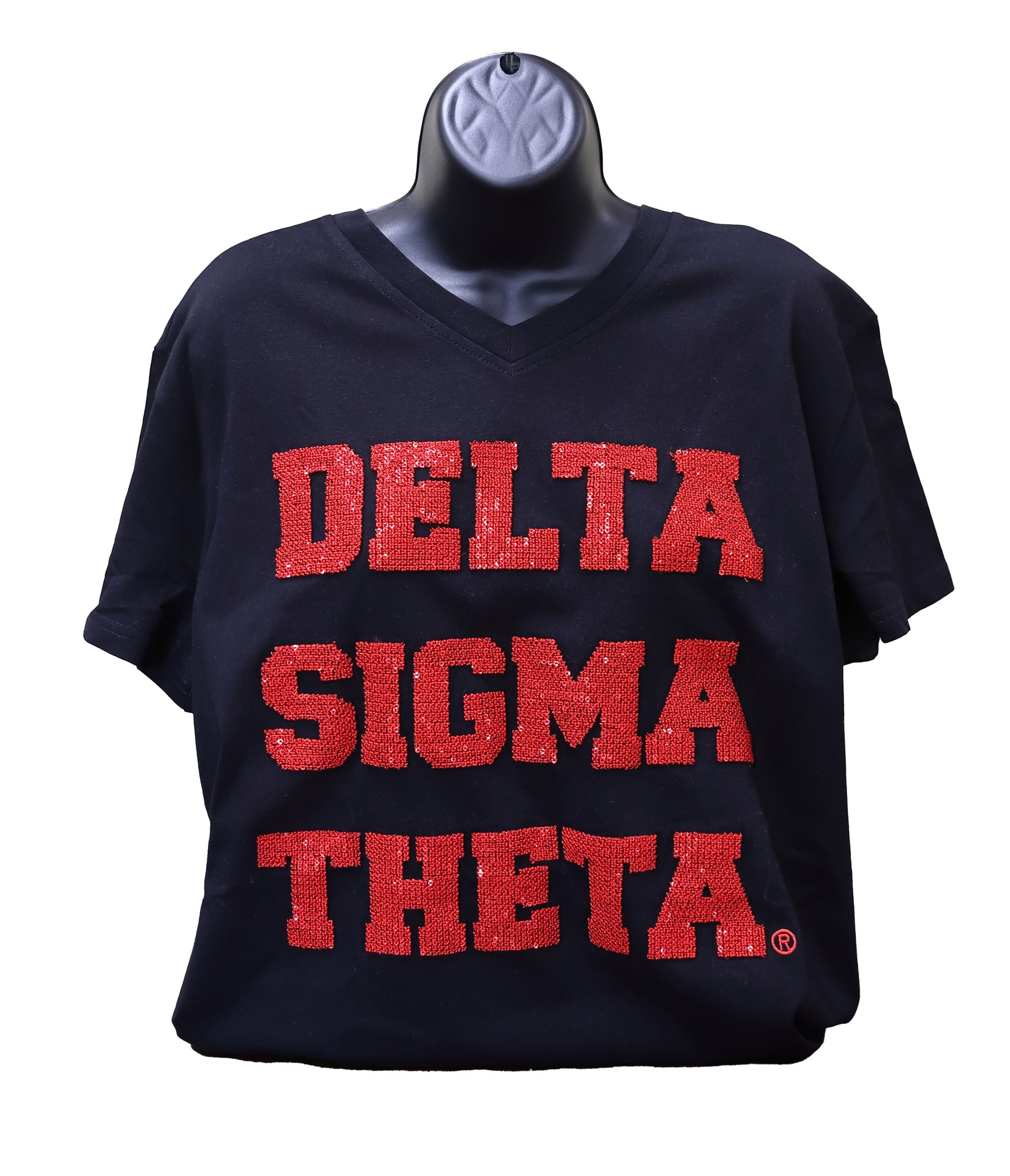 Delta Black Vneck Shirt with Chenille Letters