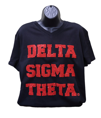 Delta Black Vneck Shirt with Chenille Letters