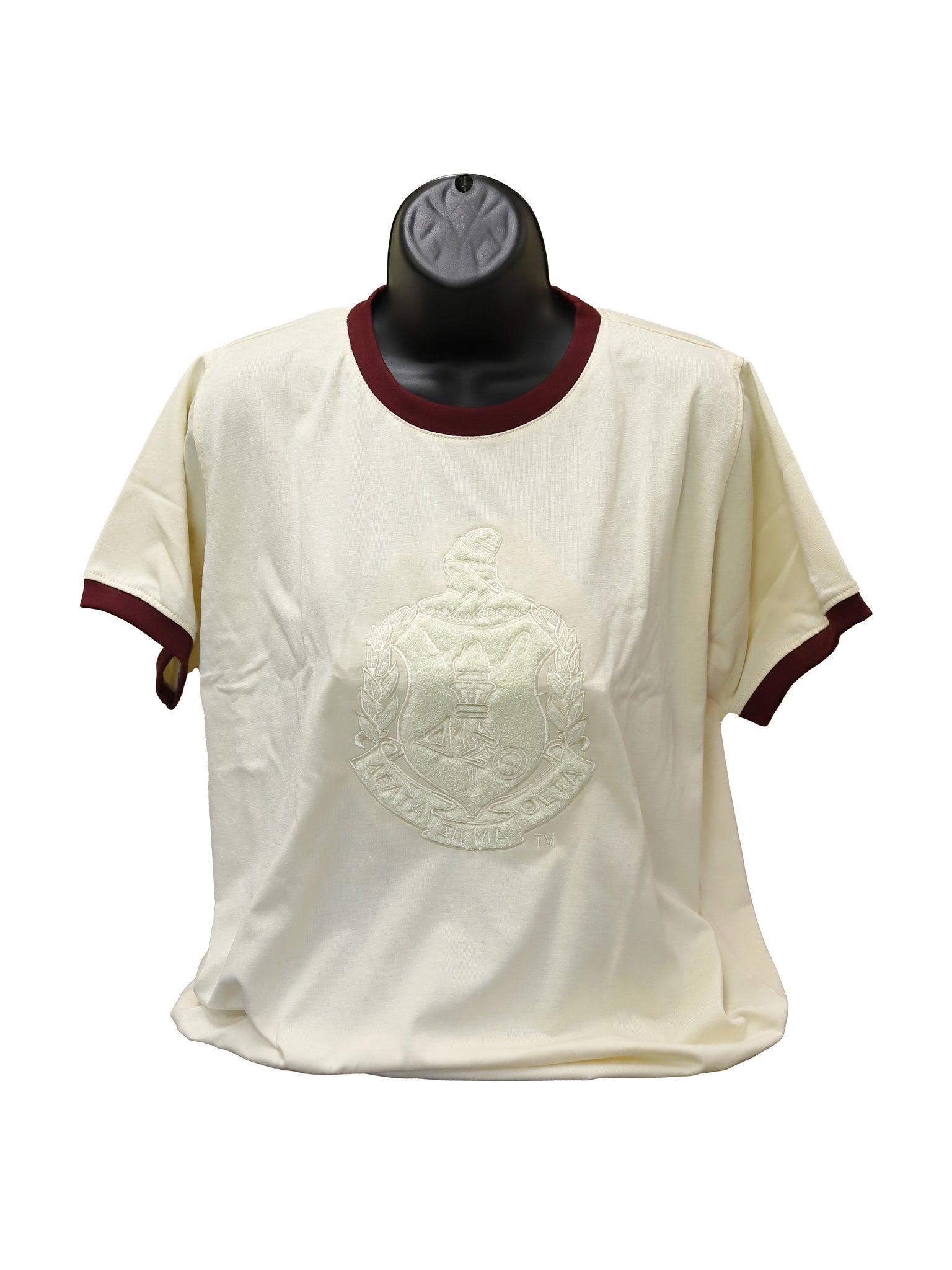 Delta Cream Ringer Shirt with Cream Shield and Crimson Collar and Sleeves