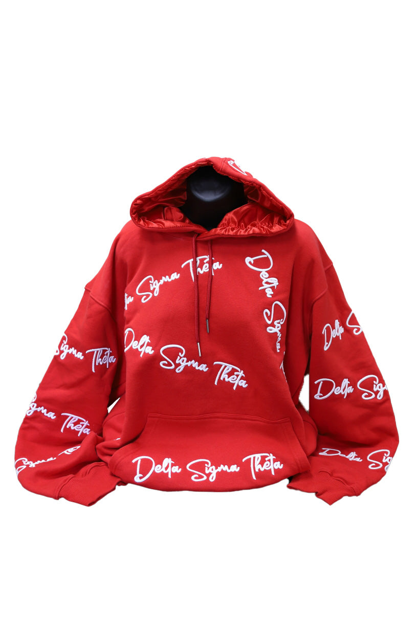 Delta Red 3D Embroidery Hoodie with Satin Bonnet