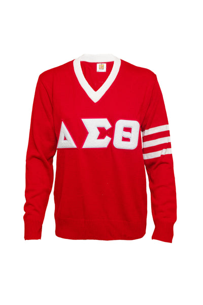 Delta Vneck Sweater with White Chenille Letters