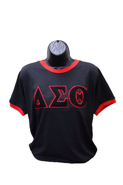 Delta Black Ringer Shirt with Chenille Letters