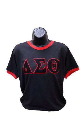 Delta Black Ringer Shirt with Chenille Letters