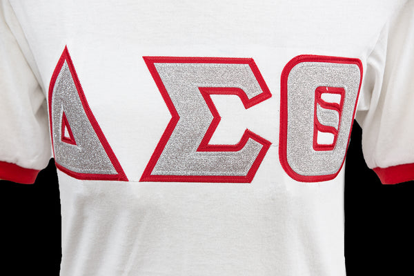 Delta Red Ringer – Glitter Letter Tee