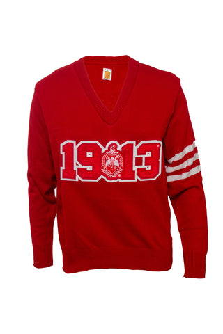 Delta Red V-neck Sweater with 1913 Chenille Design